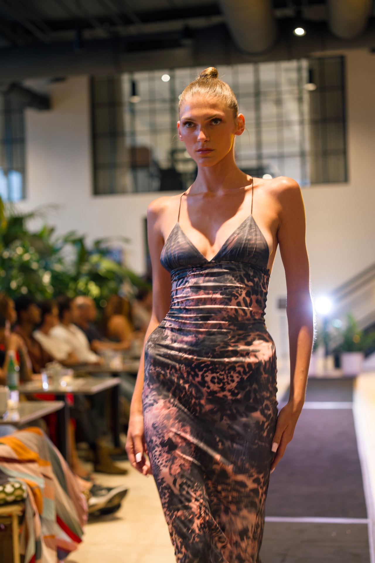Model in a printed gown on the PostUp NYC runway